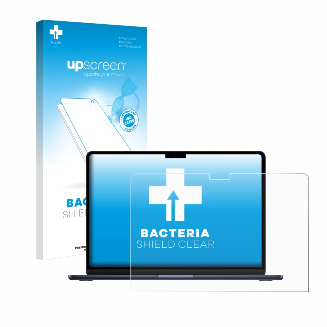 Parte frontale di una confezione del prodotto con il logo del marchio upscreen. Accanto è raffigurato il dispositivo Apple Mac