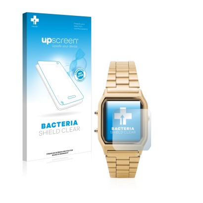 Parte frontale di una confezione del prodotto con il logo del marchio upscreen. Accanto è raffigurato il dispositivo Casio AQ-