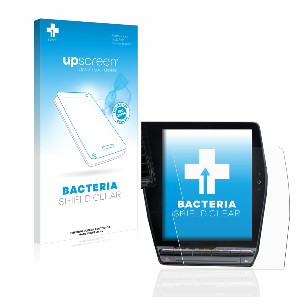 Parte frontal de un envase de producto con el logotipo de la marca upscreen. Al lado se muestra el dispositivo Renault Megane 