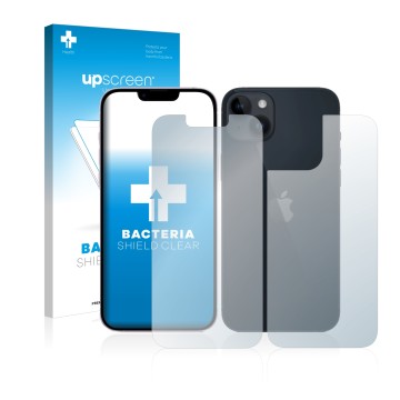 Vorderseite einer Produktverpackung mit dem Markenlogo upscreen. Daneben ist das Gerät Apple iPhone 14 (Display+Rückseite) mit