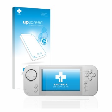 Vorderseite einer Produktverpackung mit dem Markenlogo upscreen. Daneben ist das Gerät Evercade EXP mit dem zugehörigen Displa