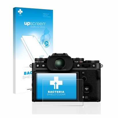 Vorderseite einer Produktverpackung mit dem Markenlogo upscreen. Daneben ist das Gerät Fujifilm X-T5 mit dem zugehörigen Displ