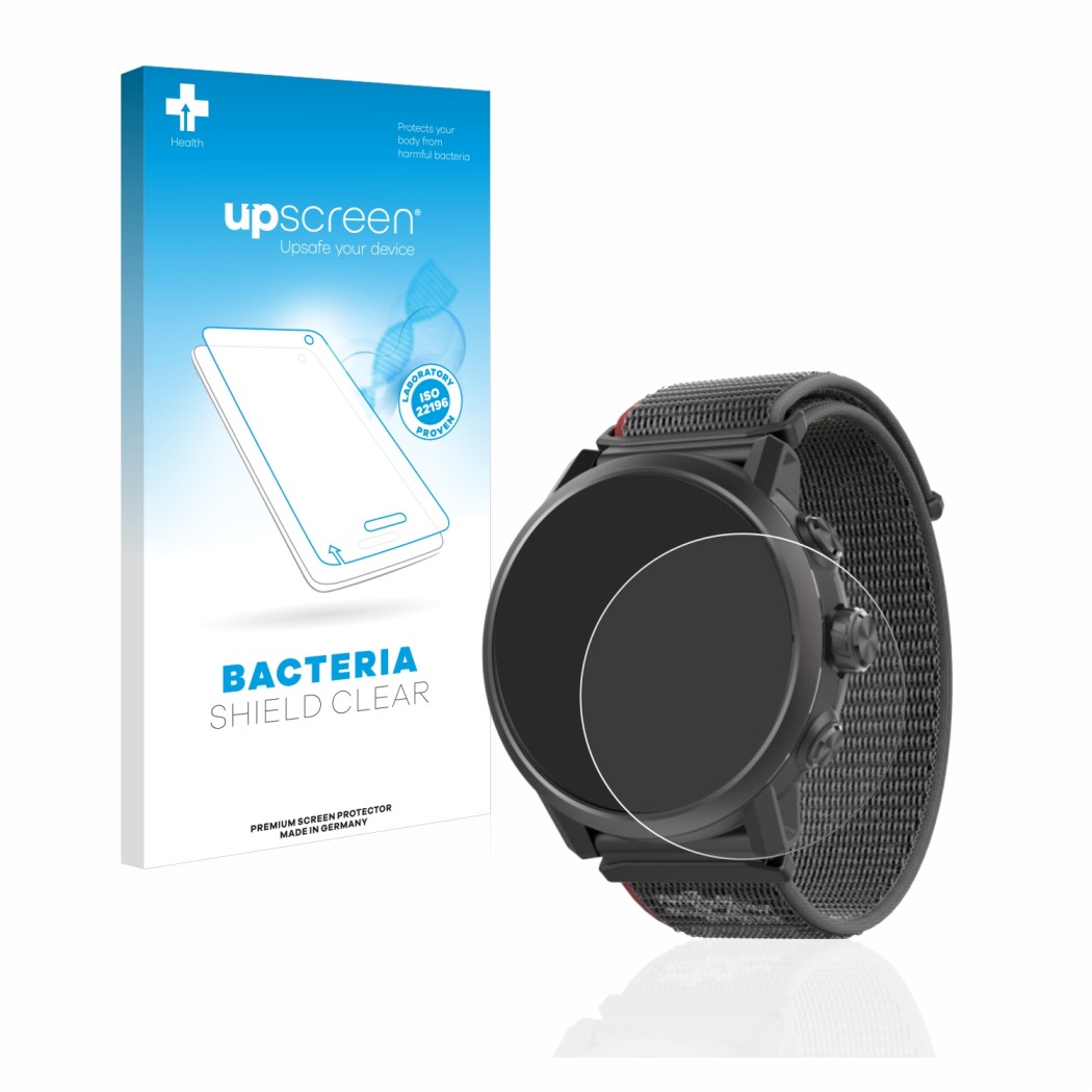 Face avant d’un emballage produit avec le logo de la marque upscreen. À côté, l’appareil Coros Apex 2 est représenté avec la p