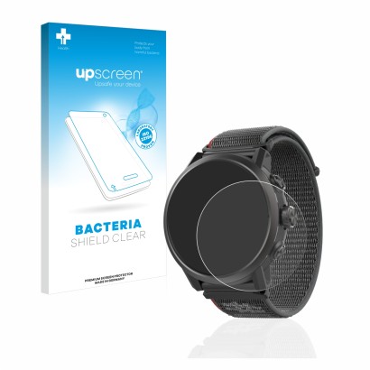 Face avant d’un emballage produit avec le logo de la marque upscreen. À côté, l’appareil Coros Apex 2 est représenté avec la p