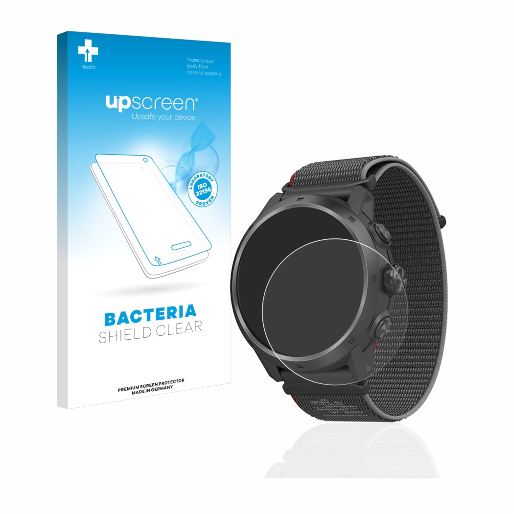 Face avant d’un emballage produit avec le logo de la marque upscreen. À côté, l’appareil Coros Apex 2 Pro est représenté avec 