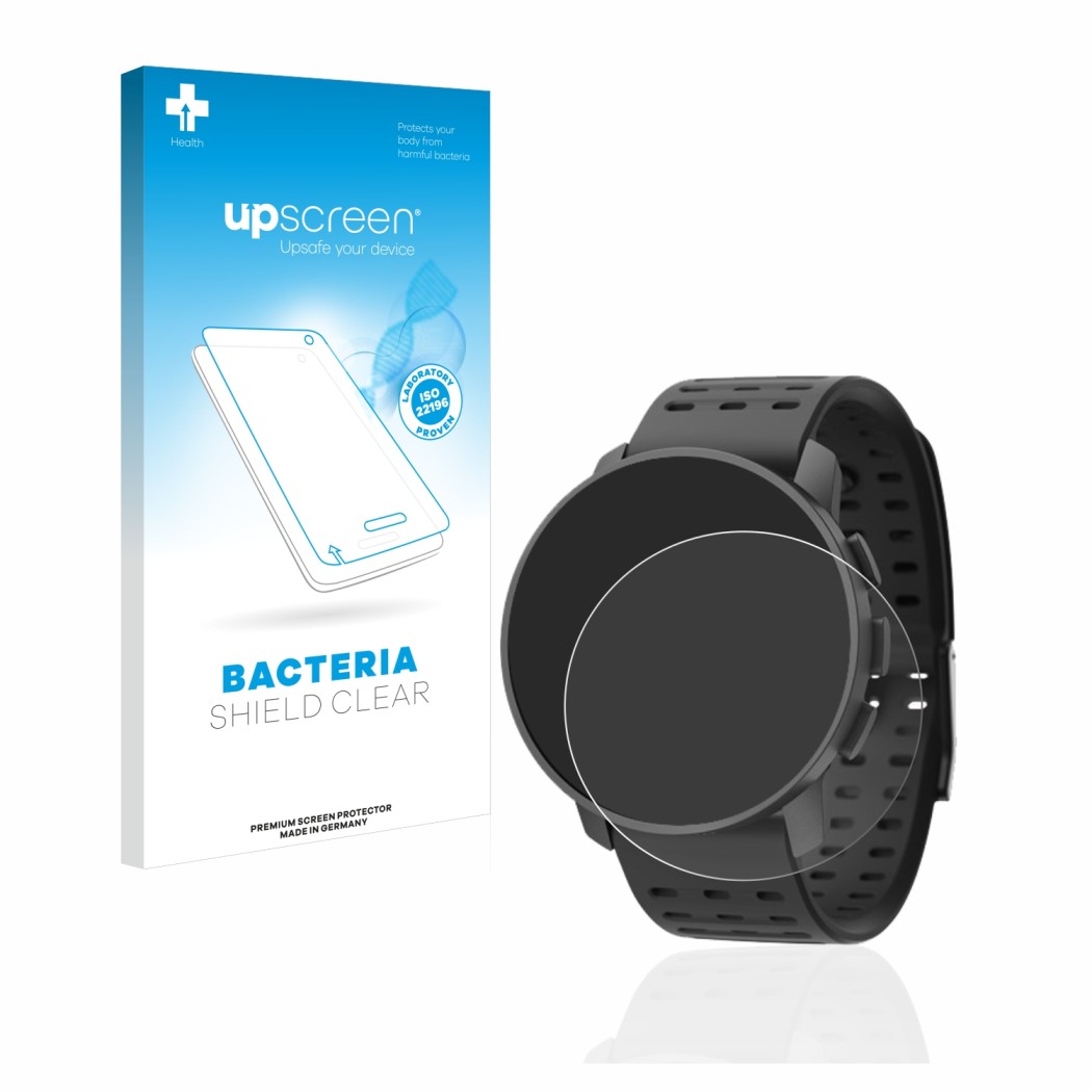 Parte frontal de un envase de producto con el logotipo de la marca upscreen. Al lado se muestra el dispositivo Suunto 9 Peak P