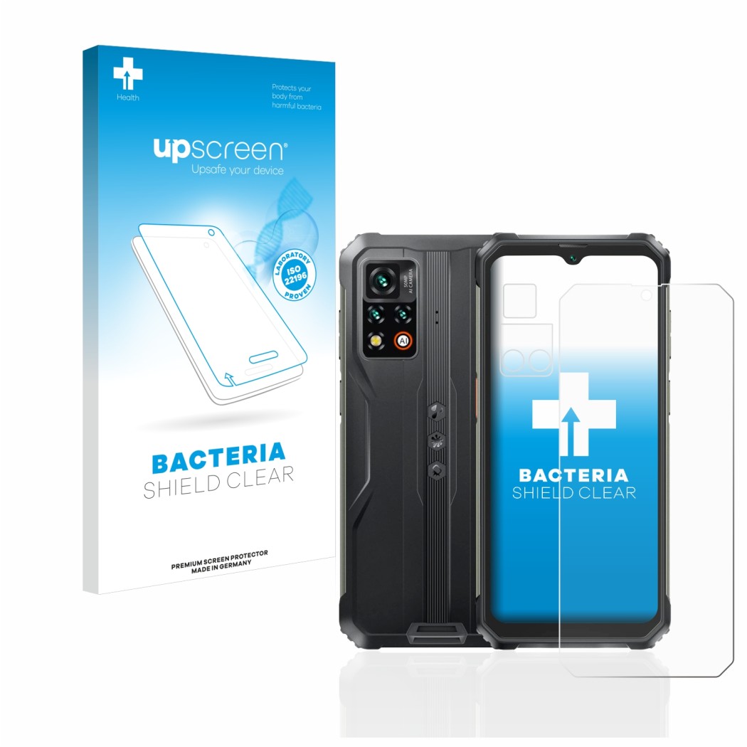 Vorderseite einer Produktverpackung mit dem Markenlogo upscreen. Daneben ist das Gerät Blackview BV9200 (Display+Kamera) mit d