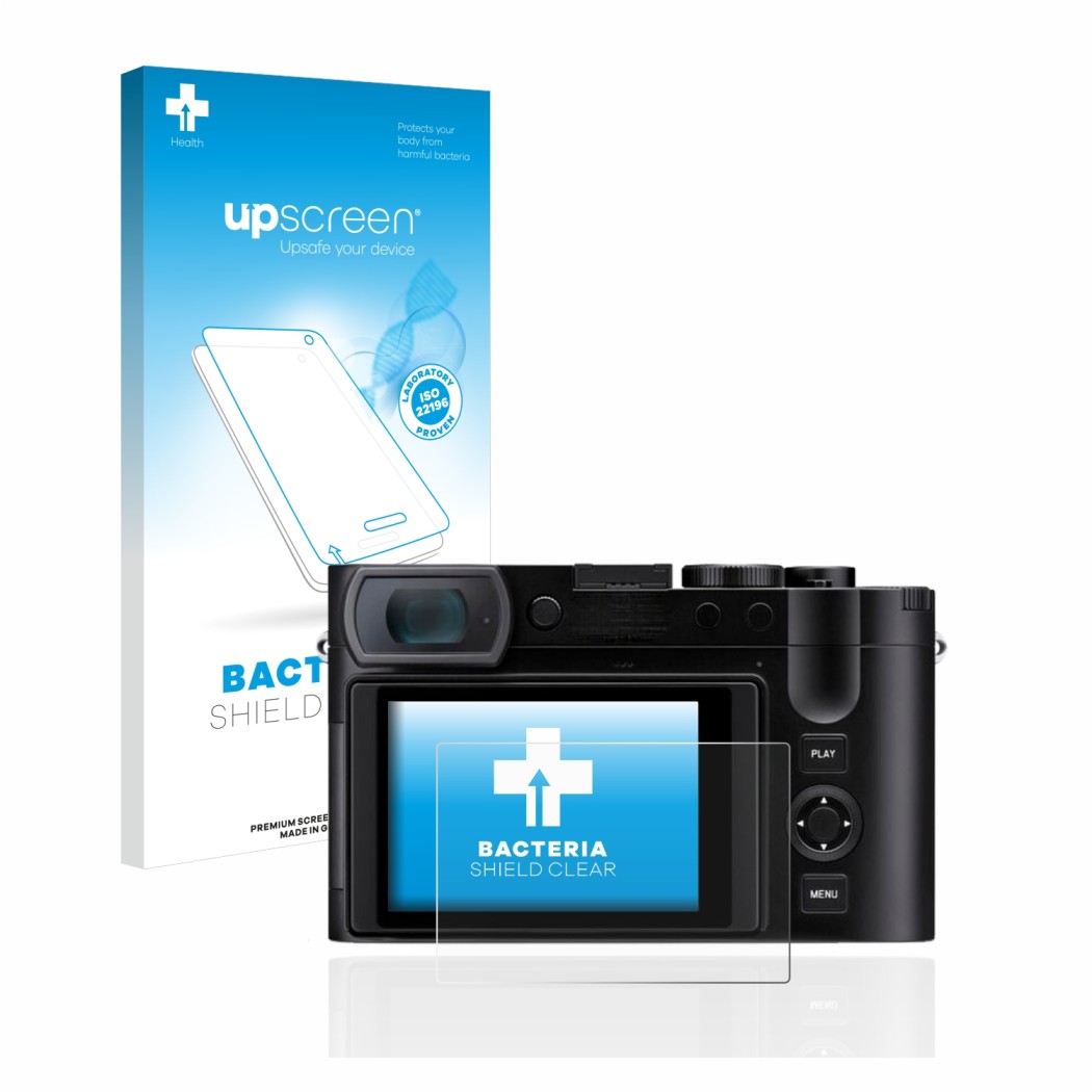 Parte frontale di una confezione del prodotto con il logo del marchio upscreen. Accanto è raffigurato il dispositivo Leica Q3 