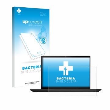 Parte frontal de un envase de producto con el logotipo de la marca upscreen. Al lado se muestra el dispositivo Lenovo ThinkPad