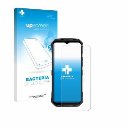 Face avant d’un emballage produit avec le logo de la marque upscreen. À côté, l’appareil Doogee V30T est représenté avec la pr