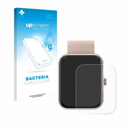 Vorderseite einer Produktverpackung mit dem Markenlogo upscreen. Daneben ist das Gerät Mutoy Smartwatch 1.83