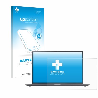 Vorderseite einer Produktverpackung mit dem Markenlogo upscreen. Daneben ist das Gerät LG gram 16'' 2023 mit dem zugehörigen D