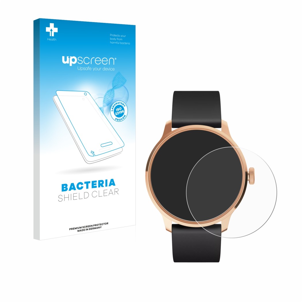 Vorderseite einer Produktverpackung mit dem Markenlogo upscreen. Daneben ist das Gerät Withings ScanWatch Light mit dem zugehö