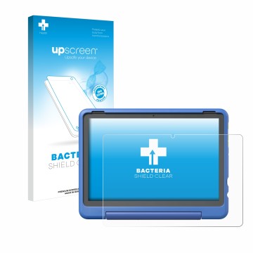 Vorderseite einer Produktverpackung mit dem Markenlogo upscreen. Daneben ist das Gerät Amazon Fire HD 10 Kids Pro 2023 mit dem