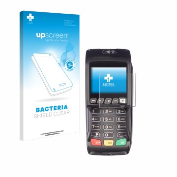 Face avant d’un emballage produit avec le logo de la marque upscreen. À côté, l’appareil ingenico Desk/3500 est représenté ave