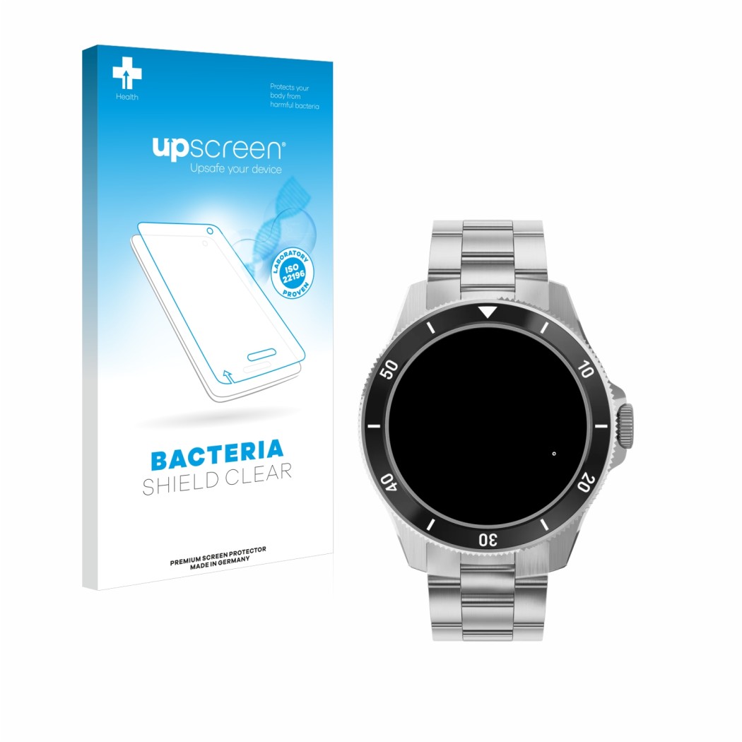 Parte frontale di una confezione del prodotto con il logo del marchio upscreen. Accanto è raffigurato il dispositivo Withings 