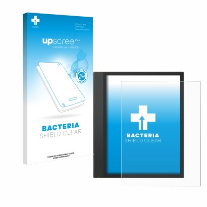 Parte frontal de un envase de producto con el logotipo de la marca upscreen. Al lado se muestra el dispositivo Boox Note Air 3