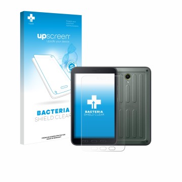 Face avant d’un emballage produit avec le logo de la marque upscreen. À côté, l’appareil Samsung Galaxy Tab Active 5 (portrait