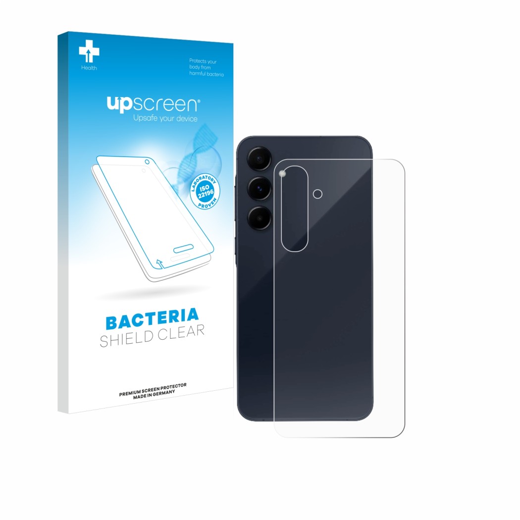 Face avant d’un emballage produit avec le logo de la marque upscreen. À côté, l’appareil Samsung Galaxy A55 5G (Arrière) est r