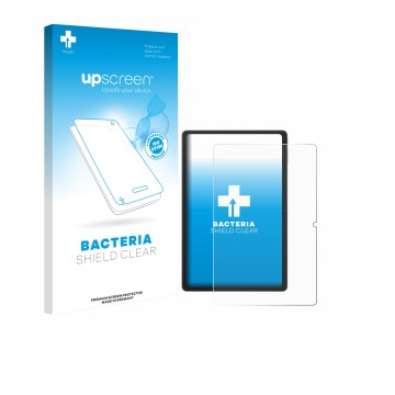 Parte frontal de un envase de producto con el logotipo de la marca upscreen. Al lado se muestra el dispositivo Blackview Tab 1