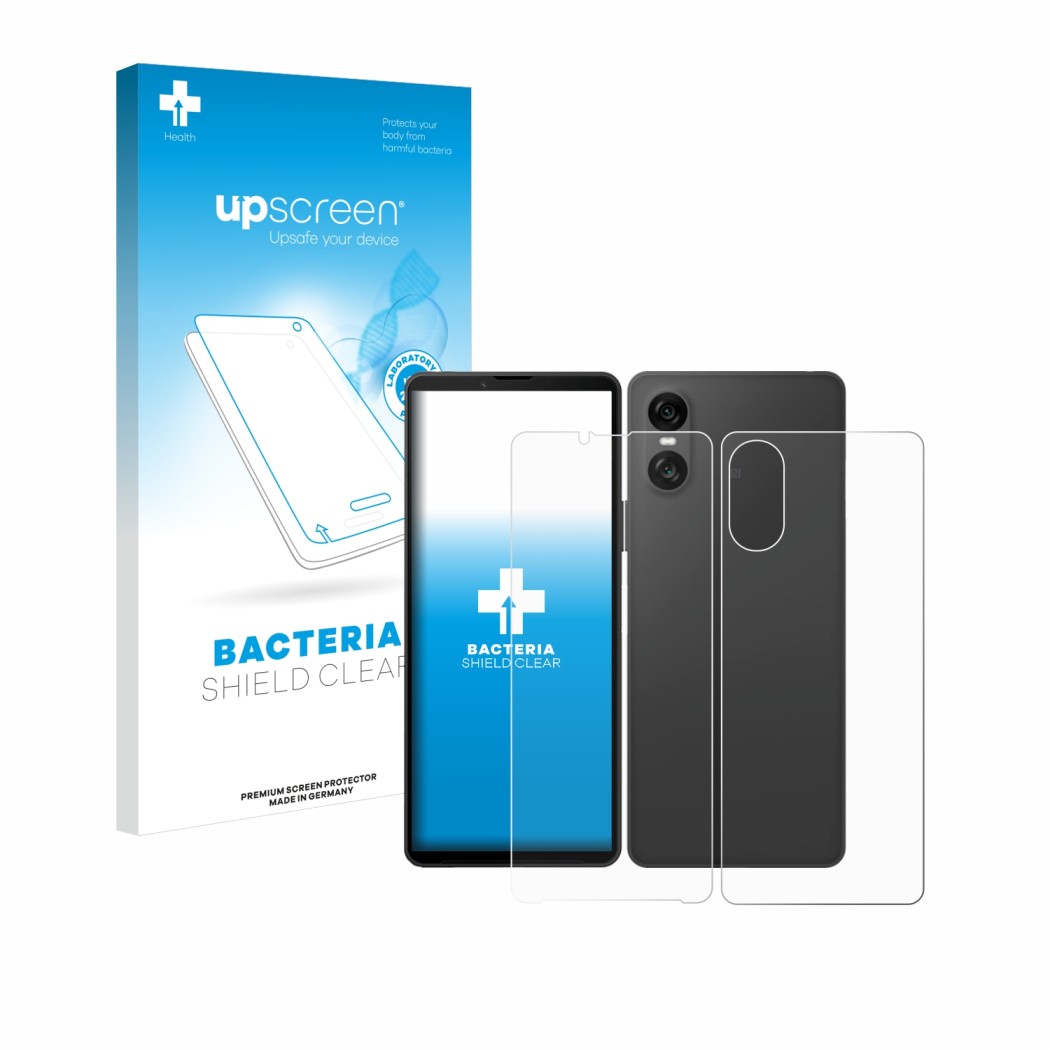 Parte frontal de un envase de producto con el logotipo de la marca upscreen. Al lado se muestra el dispositivo Sony Xperia 10 