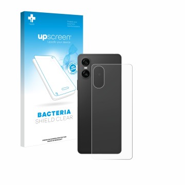 Parte frontal de un envase de producto con el logotipo de la marca upscreen. Al lado se muestra el dispositivo Sony Xperia 10 