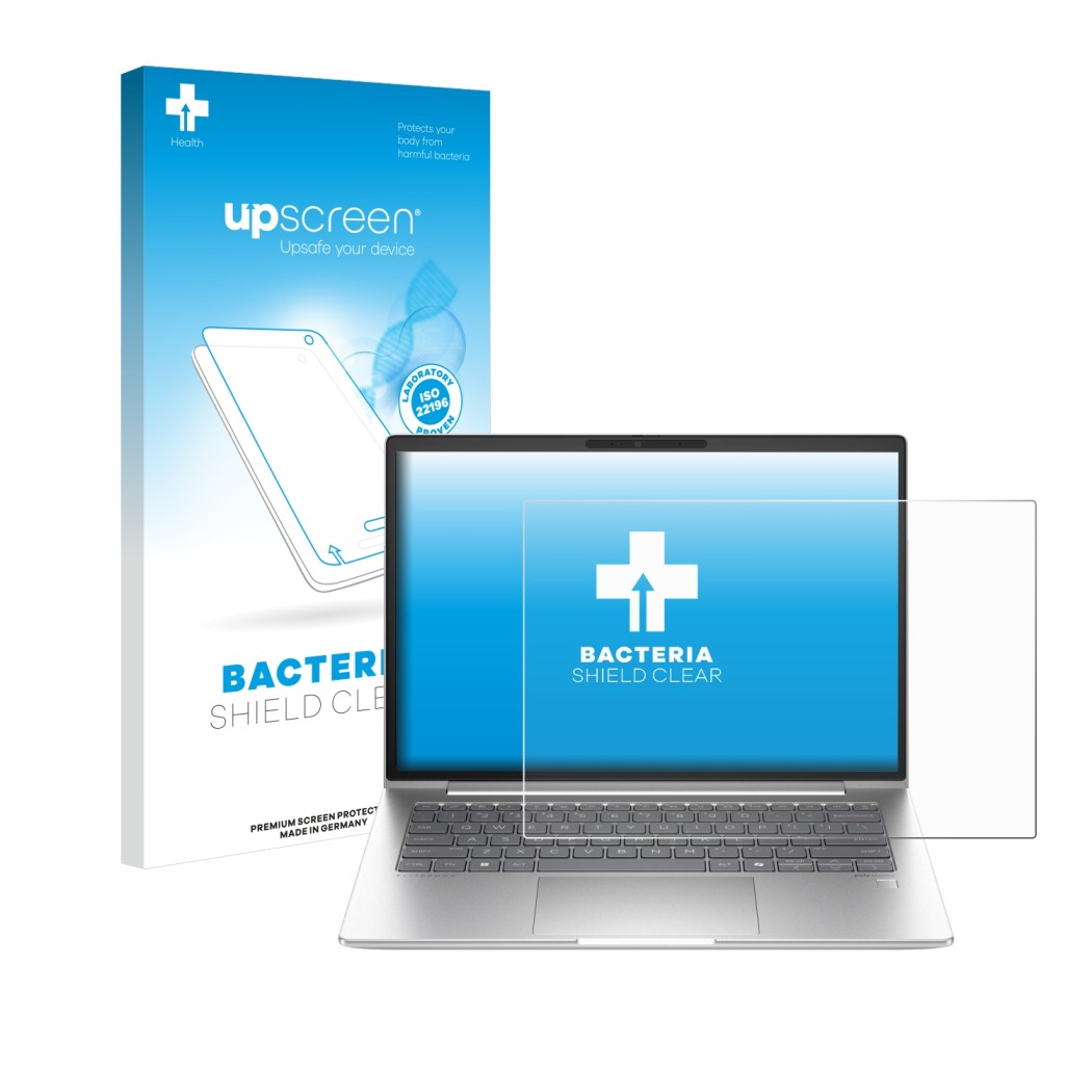 Face avant d’un emballage produit avec le logo de la marque upscreen. À côté, l’appareil HP EliteBook 640 G11 est représenté a