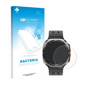 Vorderseite einer Produktverpackung mit dem Markenlogo upscreen. Daneben ist das Gerät Samsung Galaxy Watch Ultra (47 mm) mit 