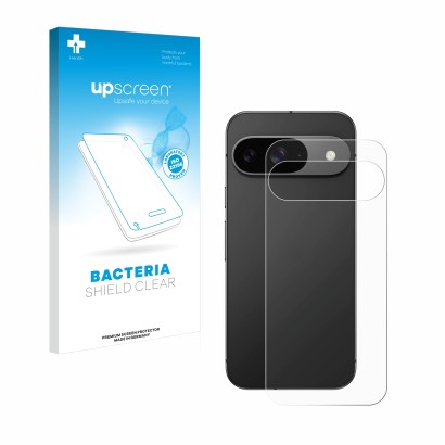 Vorderseite einer Produktverpackung mit dem Markenlogo upscreen. Daneben ist das Gerät Google Pixel 9 (Rückseite) mit dem zuge