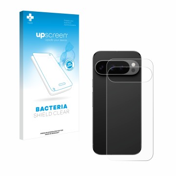 Vorderseite einer Produktverpackung mit dem Markenlogo upscreen. Daneben ist das Gerät Google Pixel 9 Pro (Rückseite) mit dem 