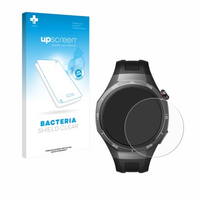 Parte frontal de un envase de producto con el logotipo de la marca upscreen. Al lado se muestra el dispositivo Huawei Watch GT