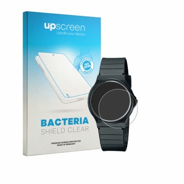 Parte frontal de un envase de producto con el logotipo de la marca upscreen. Al lado se muestra el dispositivo Casio Collectio