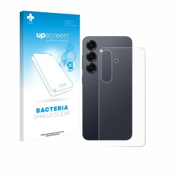 Vorderseite einer Produktverpackung mit dem Markenlogo upscreen. Daneben ist das Gerät Samsung Galaxy S25 (Rückseite) mit dem 