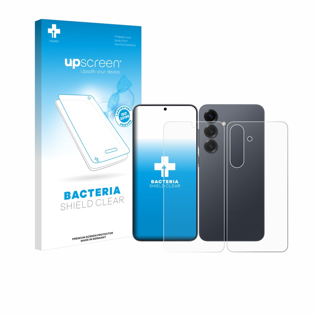 Vorderseite einer Produktverpackung mit dem Markenlogo upscreen. Daneben ist das Gerät Samsung Galaxy S25 (Display+Rückseite) 