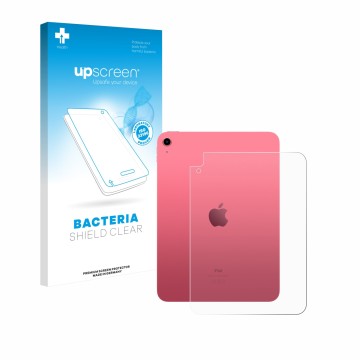 Parte frontal de un envase de producto con el logotipo de la marca upscreen. Al lado se muestra el dispositivo Apple iPad A16 