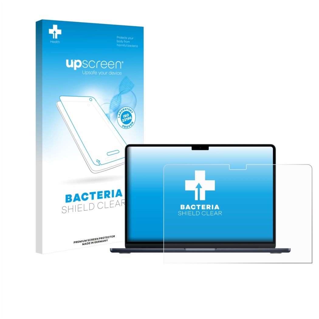 Parte frontal de un envase de producto con el logotipo de la marca upscreen. Al lado se muestra el dispositivo Apple MacBook A