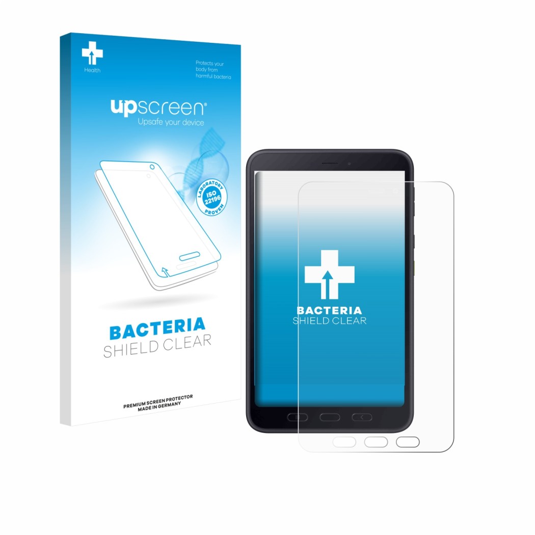 Parte frontal de un envase de producto con el logotipo de la marca upscreen. Al lado se muestra el dispositivo Samsung galaxy 