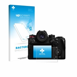 Parte frontal de un envase de producto con el logotipo de la marca upscreen. Al lado se muestra el dispositivo Panasonic Lumix