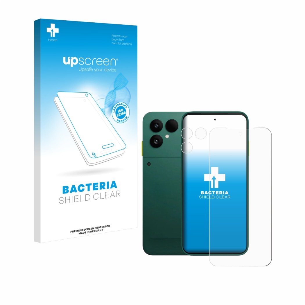 Vorderseite einer Produktverpackung mit dem Markenlogo upscreen. Daneben ist das Gerät Fairphone 6 (Display+Kamera) mit dem zu