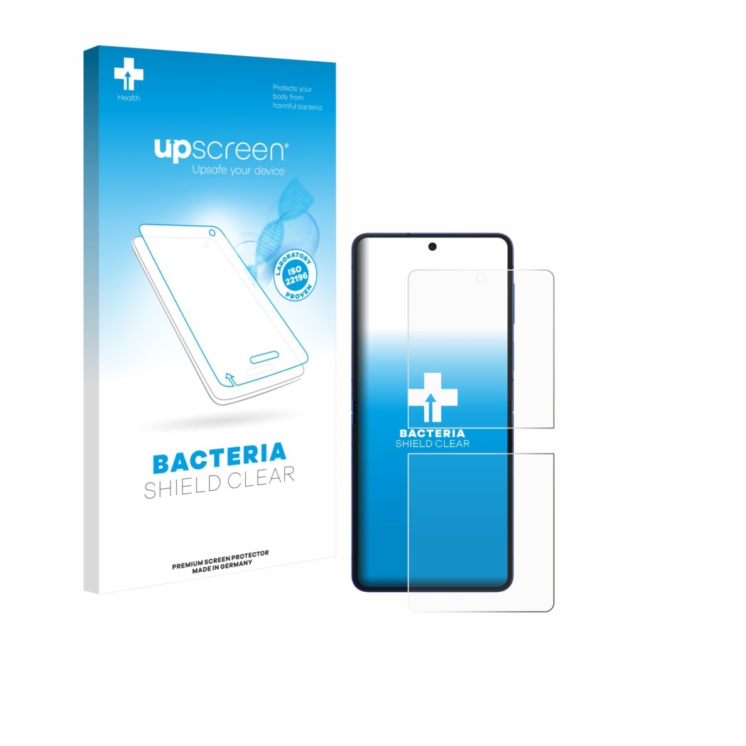 Parte frontal de un envase de producto con el logotipo de la marca upscreen. Al lado se muestra el dispositivo Samsung Galaxy 