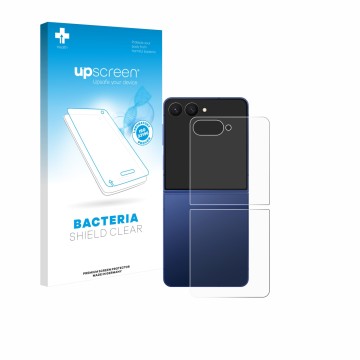 Parte frontal de un envase de producto con el logotipo de la marca upscreen. Al lado se muestra el dispositivo Samsung Galaxy 