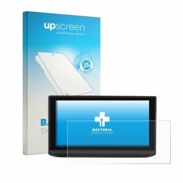 Parte frontal de un envase de producto con el logotipo de la marca upscreen. Al lado se muestra el dispositivo Peugeot 3008 20