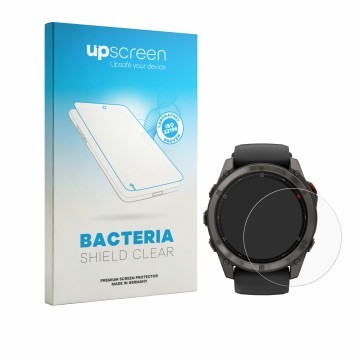 Face avant d’un emballage produit avec le logo de la marque upscreen. À côté, l’appareil Garmin Fenix 8 Pro AMOLED (47 mm) est