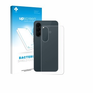 Vorderseite einer Produktverpackung mit dem Markenlogo upscreen. Daneben ist das Gerät Samsung Galaxy A37 5G (Rückseite) mit d