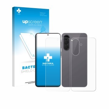 Vorderseite einer Produktverpackung mit dem Markenlogo upscreen. Daneben ist das Gerät Samsung Galaxy A57 5G (Display+Rückseit