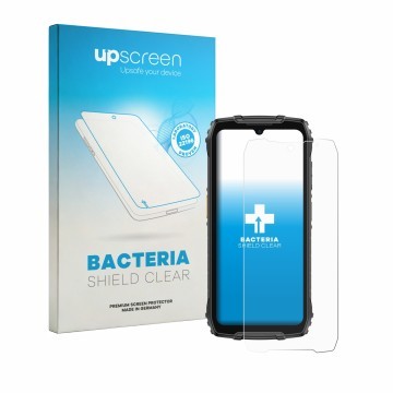 Parte frontal de un envase de producto con el logotipo de la marca upscreen. Al lado se muestra el dispositivo Ulefone RugKing