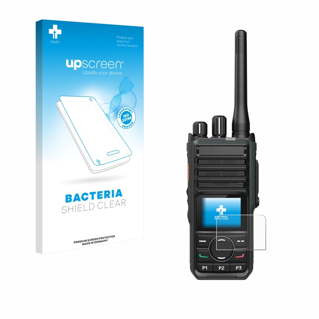 Face avant d’un emballage produit avec le logo de la marque upscreen. À côté, l’appareil Hytera HP565 est représenté avec la p