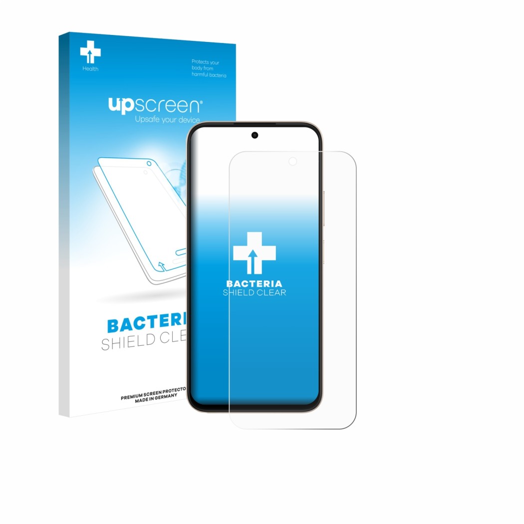 Vorderseite einer Produktverpackung mit dem Markenlogo upscreen. Daneben ist das Gerät Oppo A6 mit dem zugehörigen Displayschu