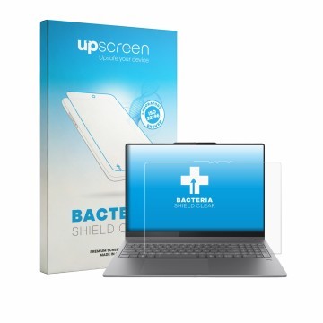Face avant d’un emballage produit avec le logo de la marque upscreen. À côté, l’appareil Lenovo Yoga 7i 2-in-1 Gen 11 Aura Edi
