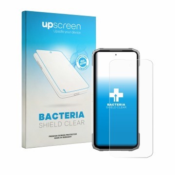 Parte frontal de un envase de producto con el logotipo de la marca upscreen. Al lado se muestra el dispositivo Doogee Blade 20